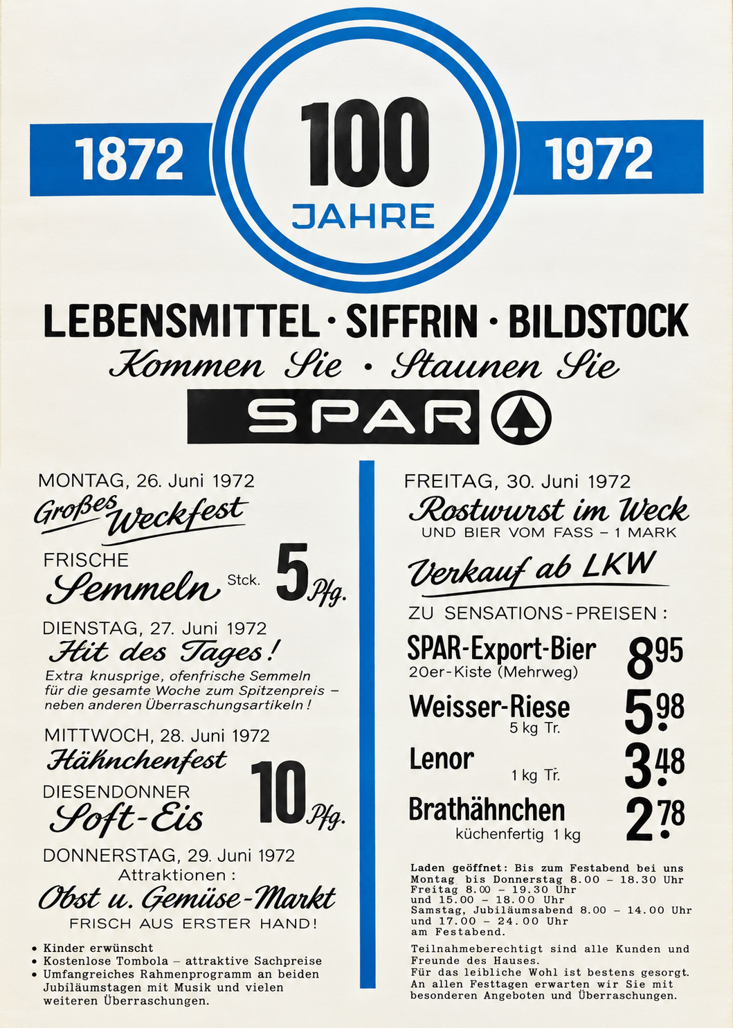 100 Jahre Lebensmittel Siffrin · Historischer Handzettel