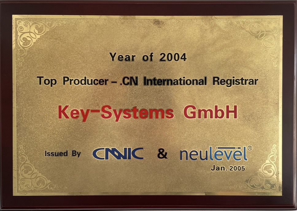 2004 · Top Producer – .CN International Registrar, Key-Systems GmbH.