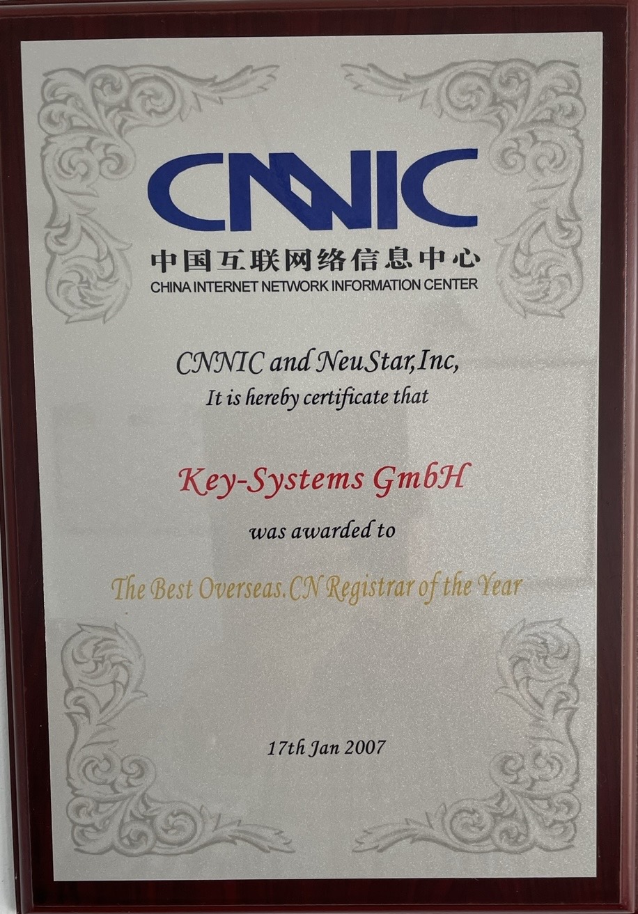 2007 · Best Overseas .CN Registrar of the Year – Key-Systems GmbH.